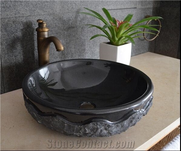 Bathroom Marble Farm Sink Black Wooden Round Wash Basin