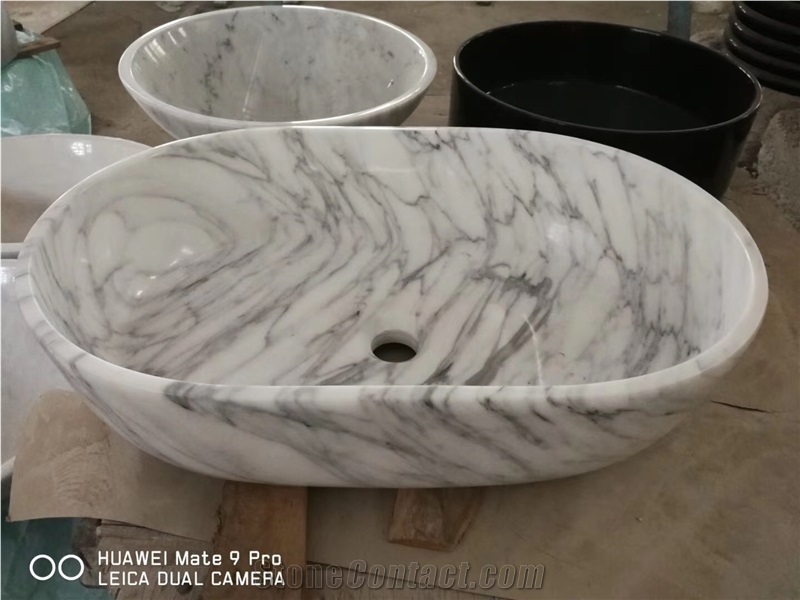 Marble Freestanding Bathtub Arabescato Design Oval Bath Tubs