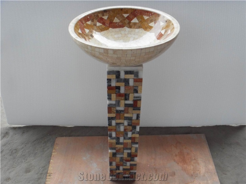 Marble Pedestal Bathroom Wash Basin Stone Mosaic Round Sink