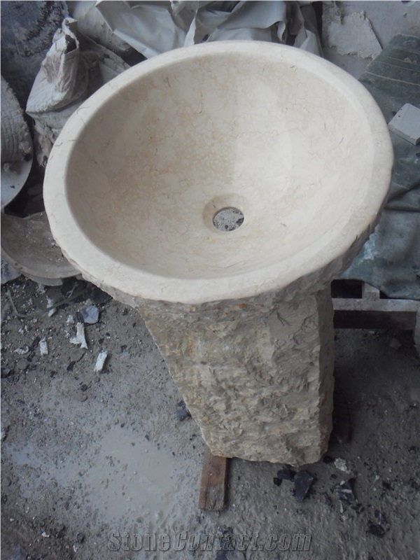 Marble Pedestal Wash Basin Crema Marfil Bathroom Round Sink
