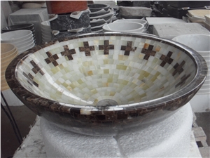 Marble Stone Bathroom Round Sink Mosaic Onyx Wash Basin