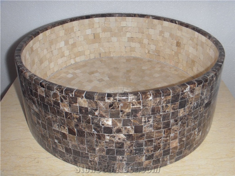 Marble Stone Bathroom Round Sink Mosaic Onyx Wash Basin 