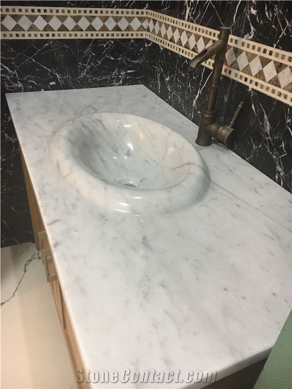 Marble Stone Bathroom Round Wash Basin Solid Carrara Sink 