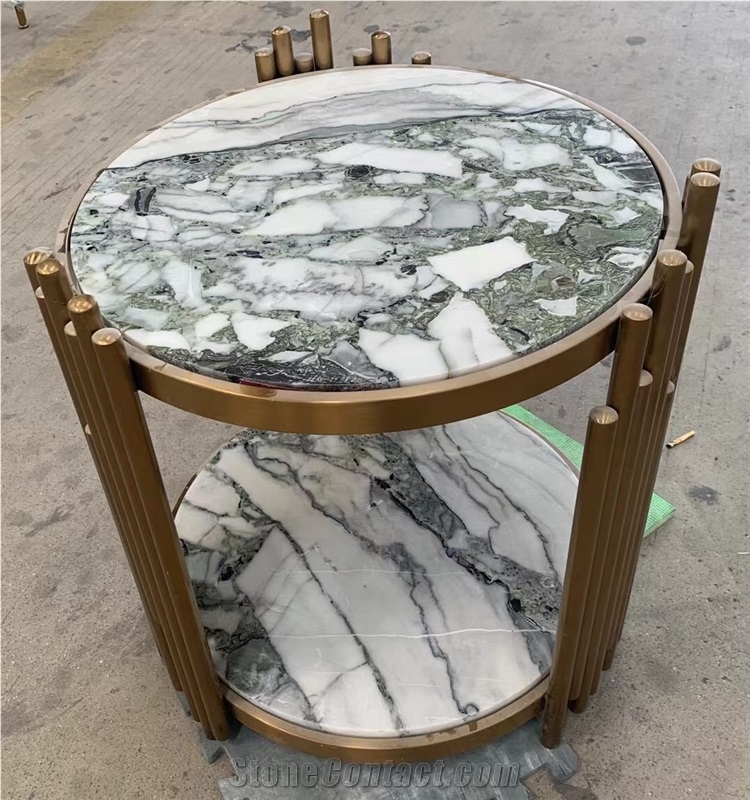 Marble Stone Furniture Corner Ice Jade Cafe Table Brass Band