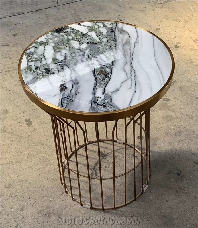 Marble Stone Furniture Ice Green Cafe Table Copper Stand