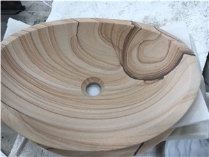 Stone Bathroom Vessel Sink Wooden Sandstone Oval Wash Basin