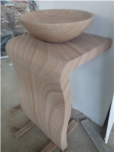 Stone Desgin Pedestal Wash Basin Yellow Sandstone Round Sink