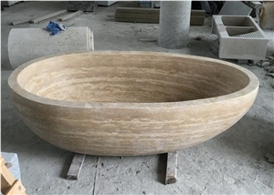 Stone Designed Oval Bathtub Beige Travertine Bath Tubs