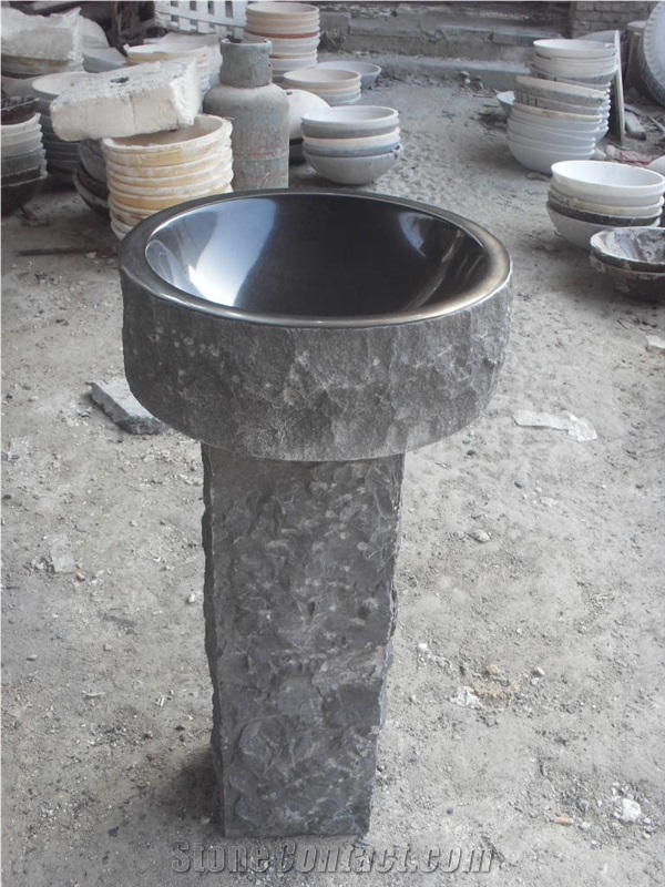 Stone Granite Pedestal Wash Basin Absolute Black Round Sink