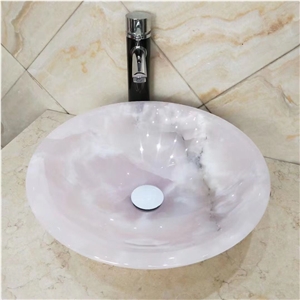 Stone Vessel Bathroom Sink Pink Onyx Round Wash Basin