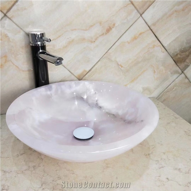 Stone Vessel Bathroom Sink Pink Onyx Round Wash Basin
