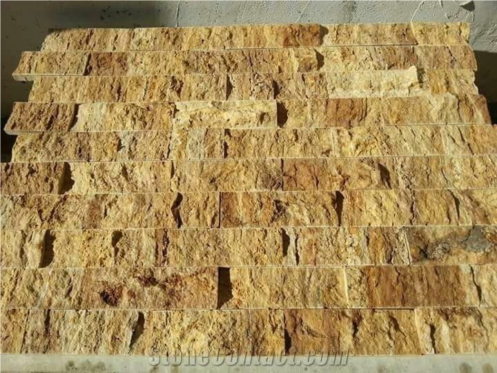 Yellow Gold Travertine Splitface Wall Bricks