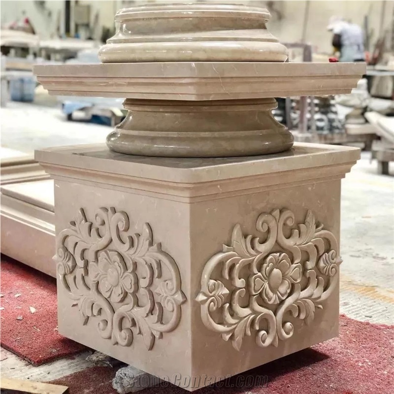 Beige Marble Column Base With Relief
