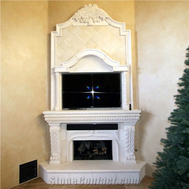Double Fireplace In White Limestone