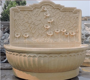 Custom Flower Sculpture Beige Marble Stone Wall Fountain