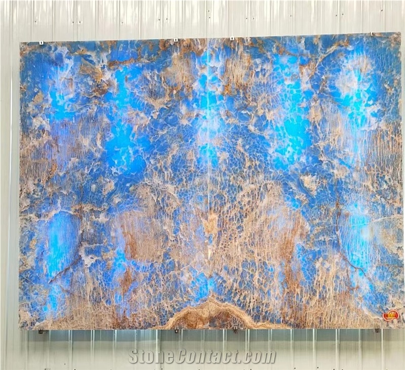 Transparent Blue Brown Onyx Slab Hotel Wall Background