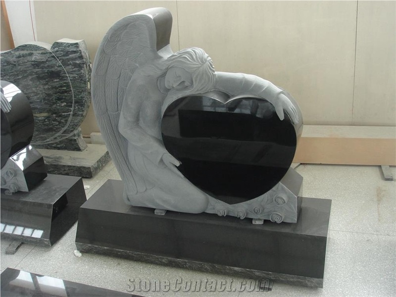 Black Granite Angel With Heart Headstone Monument