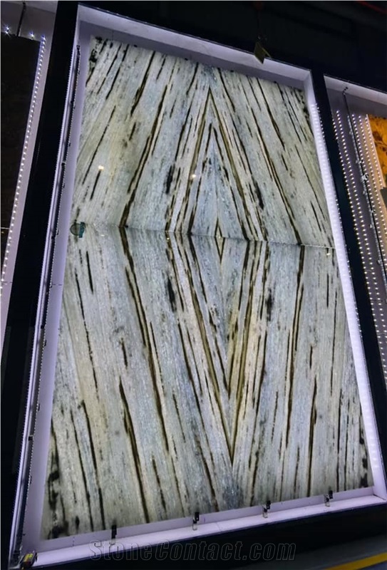 Blue Crystal Quarzite Stone Bookmatch Slab Wall Backlit