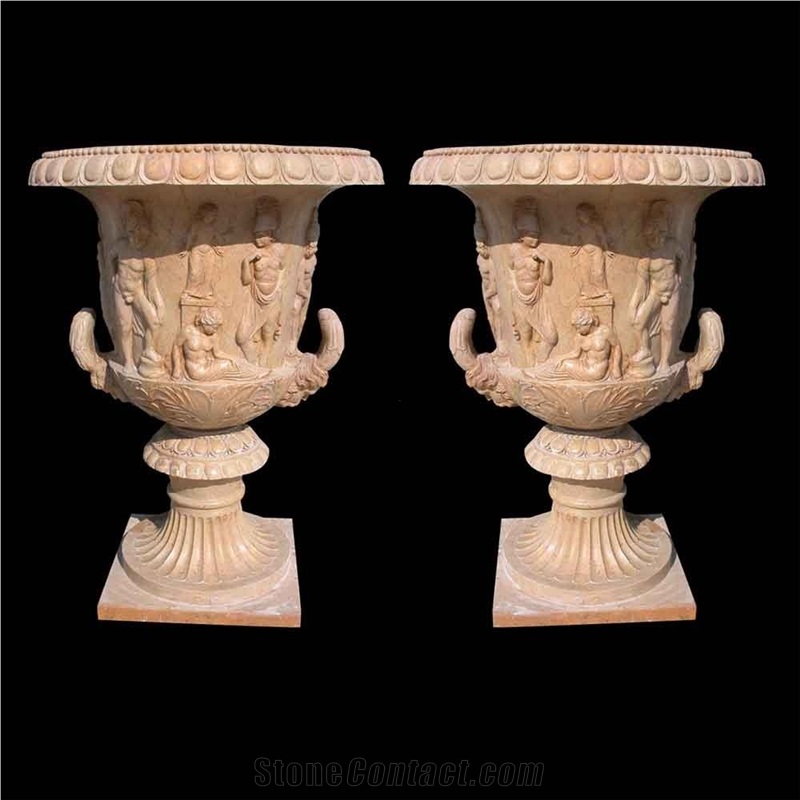 Beige Marble Garden Pedestal Planter Vase, Landscaping Pot