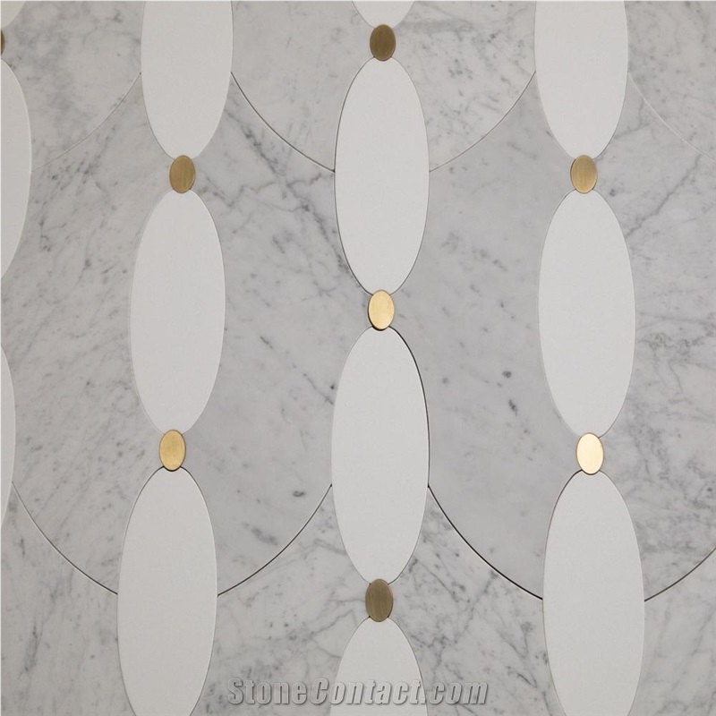 Carrara White Brass Crystallized Glass Waterjet Mosaic Tile
