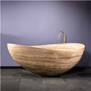 Classic Light Vein Cut Travertine Waved Bathtub