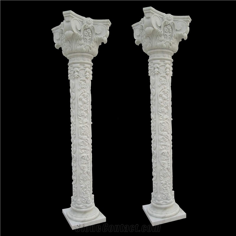 Handcarved Medallion White Marble Column For Porch Hall