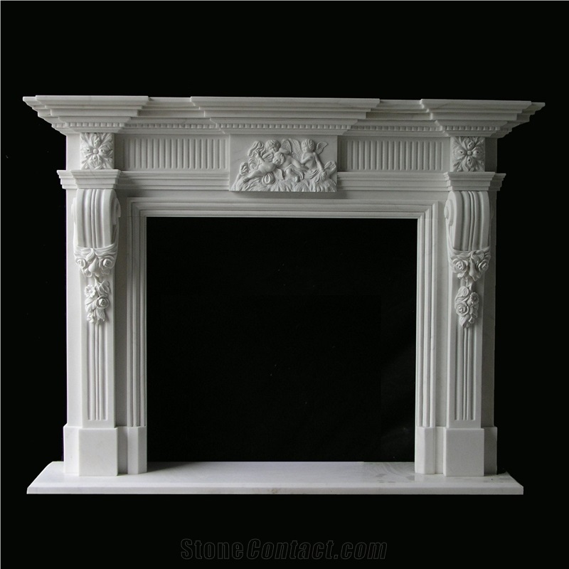 White Marble Flower Handcarved Fireplace Mantel