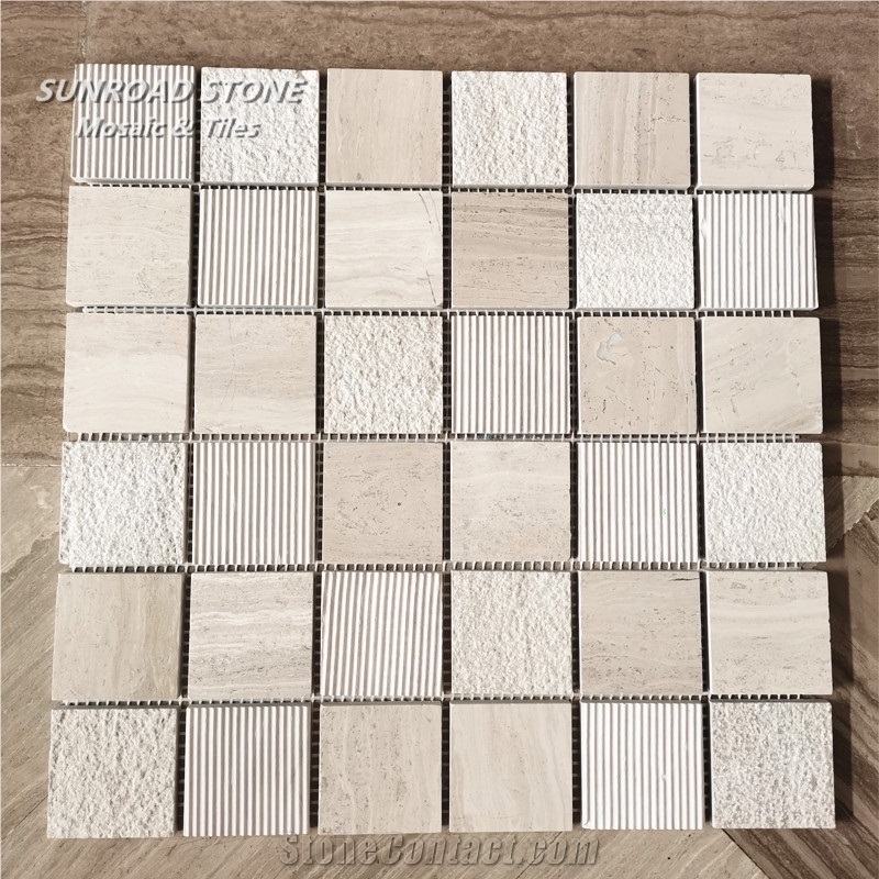 Wooden White Marble Haisa Light 3 Finishes Cube Mosaic Tile 