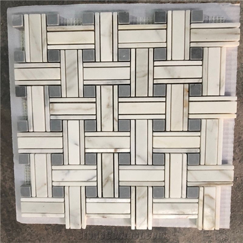 Calacatta Gold Marble Basketweave W/Edge Mosaic Tile