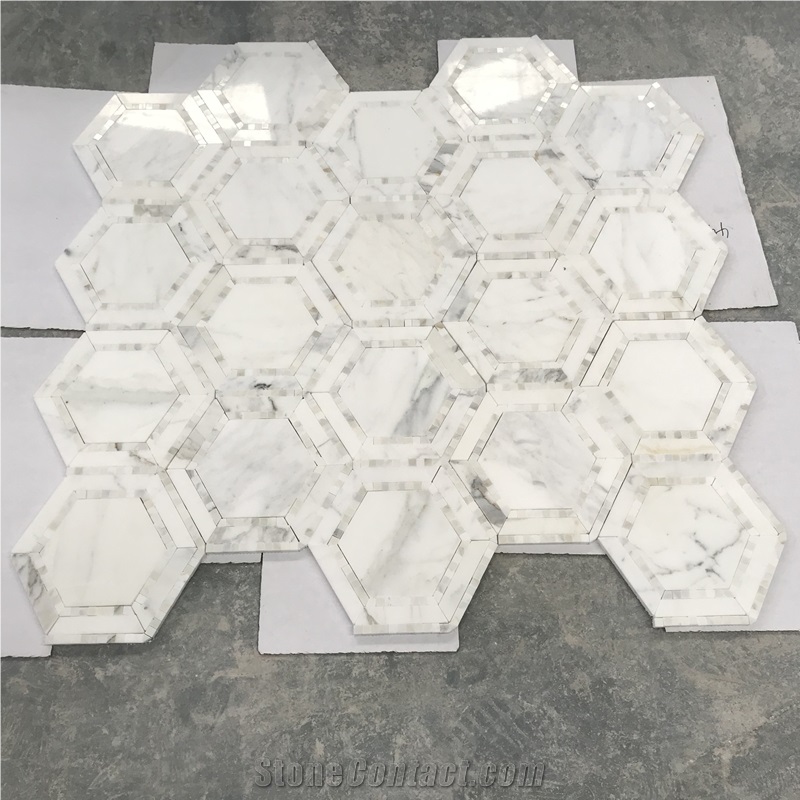 Calacatta Gold Marble Hexagon W/Gold Dots Mosaic Tile