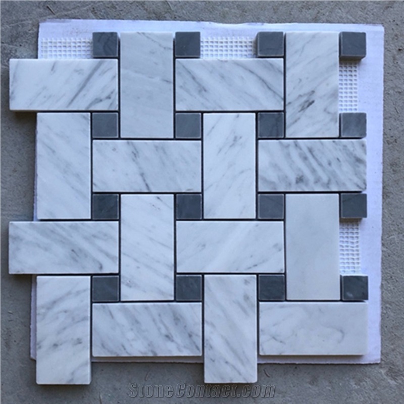Carrara White Marble Basketweave W/Black Dots Mosaic Tile