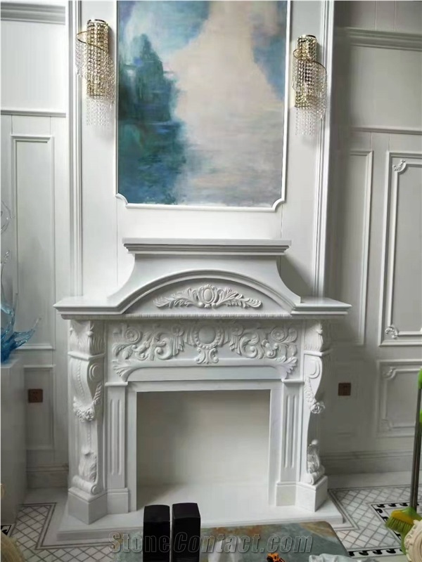 Indoor Fireplace Sculpture Warm Marble White Beige