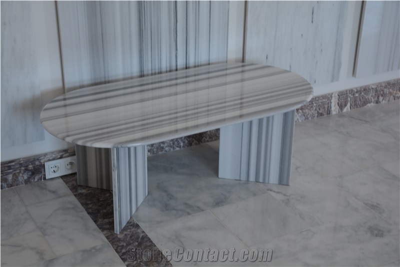 Marmara White Equator Striped Panda Striato Marble End Table