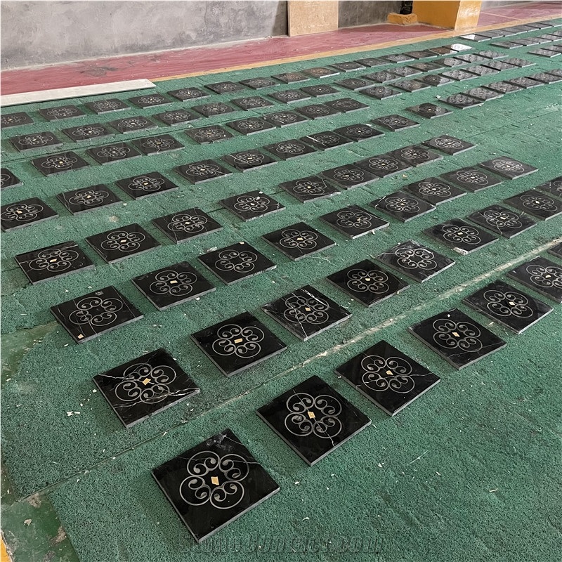 Nero Marquina Marble With Silver Metel Waterjet Medallion Pattern