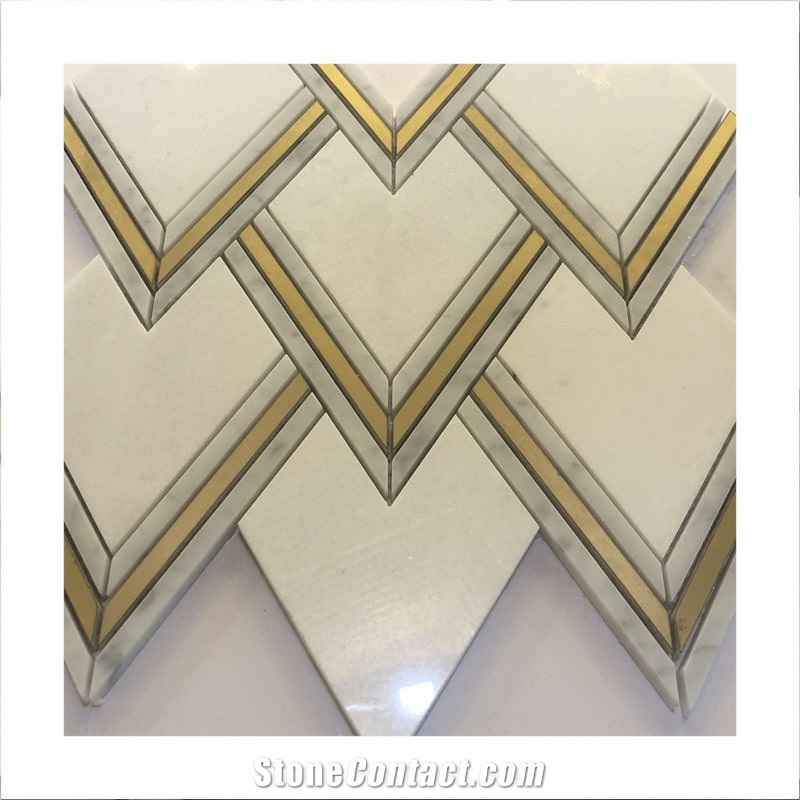 White Marble And Brass Inlay Mosaic Tiles