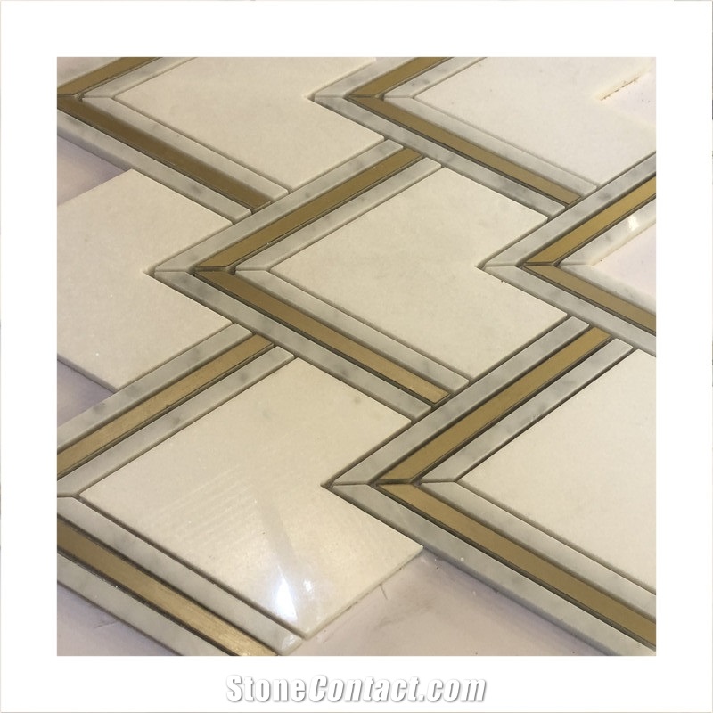 White Marble And Brass Inlay Mosaic Tiles