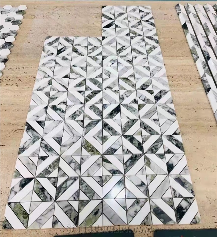 Basketweave Green White Marble Mosaic Tiles