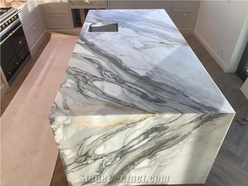 Marble Waterfall Bookmatch Calacatta Gold Island Bench Top