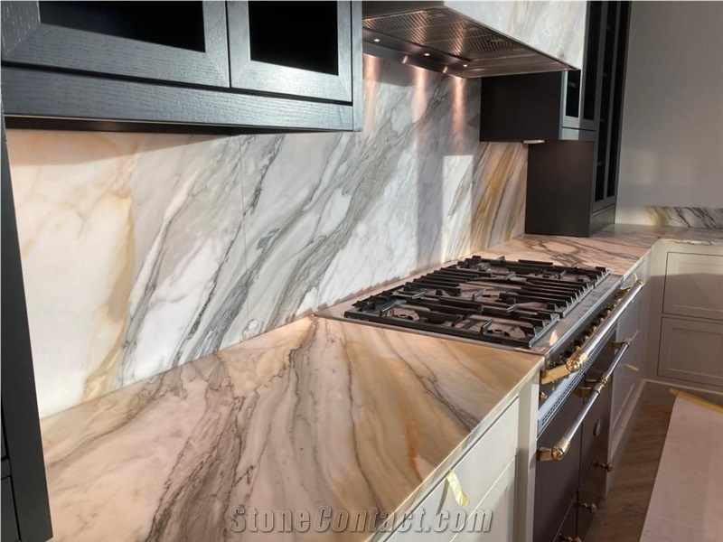 Marble Waterfall Bookmatch Calacatta Gold Island Bench Top