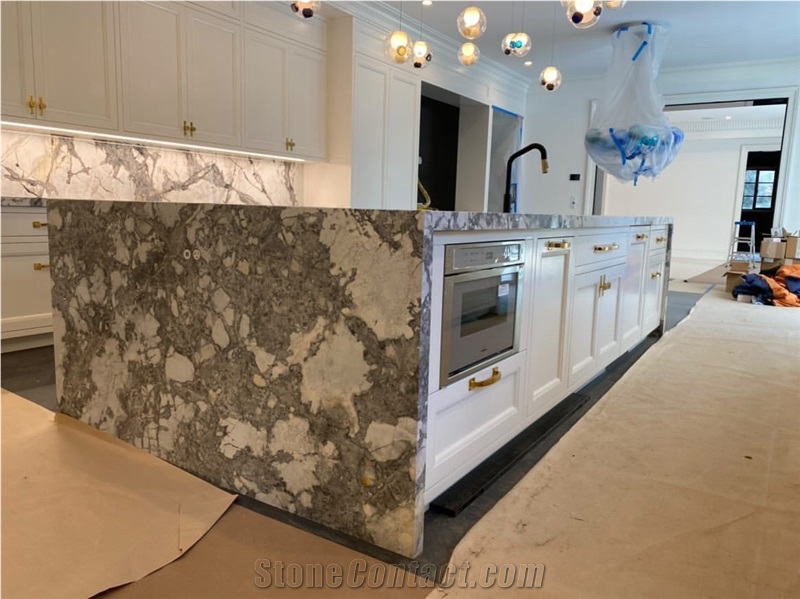 Marble Waterfall Kitchen Island Tops Invisible Grey Bar Top