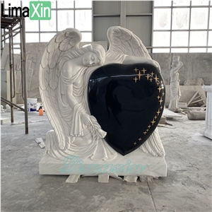 Angel Holding Heart Hand Carved White Marble Headstone