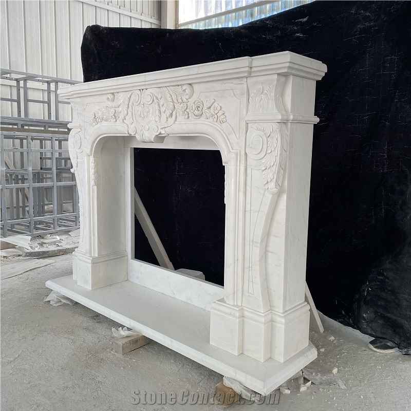 Classic Design Hand Carved White Marble Fireplace Mantel 