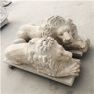 Beige Travertine Stone Carving Lions