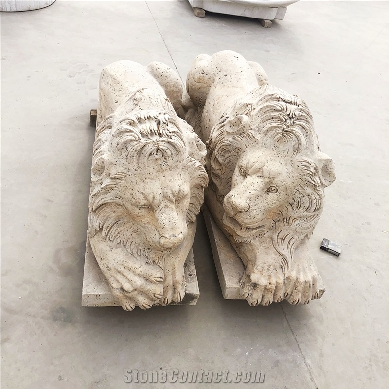Beige Travertine Stone Carving Lions