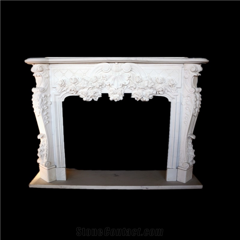 Flower Carving White Marble Fireplace Mantel