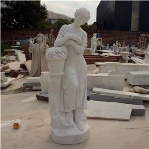 Modern Girl Sculpture With Flower Basket In White Marble