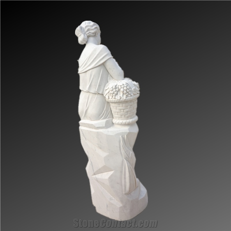 Modern Girl Sculpture With Flower Basket In White Marble