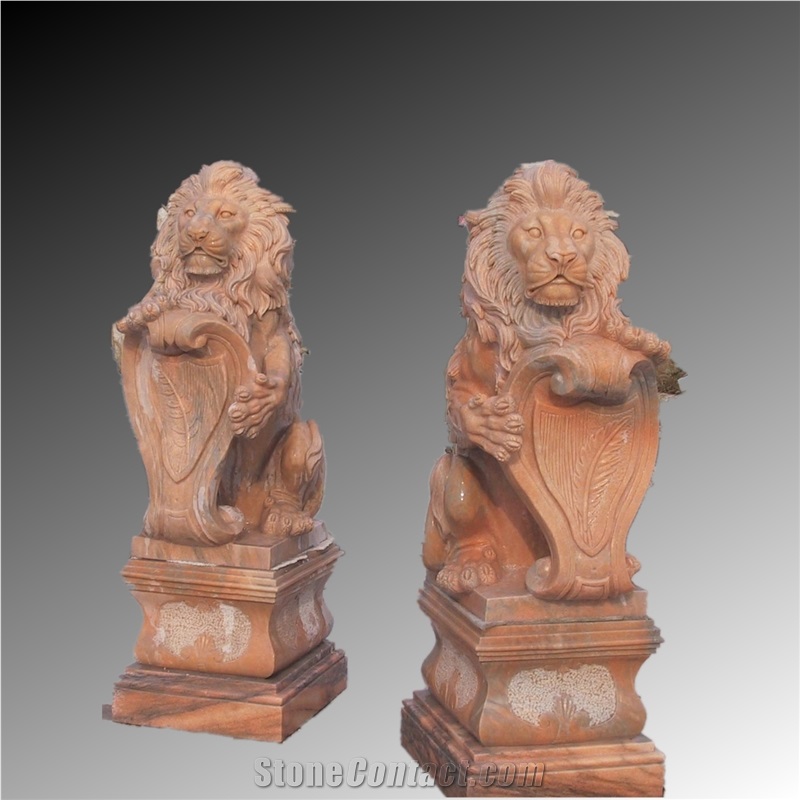 Sunset Red Marble Stone Carving Lions
