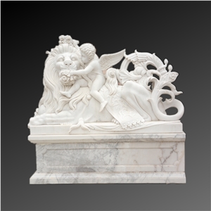 White Marble Lion And Cherubs Sculpture