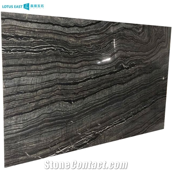Polished Black Wood Silver Wave Brown Marble